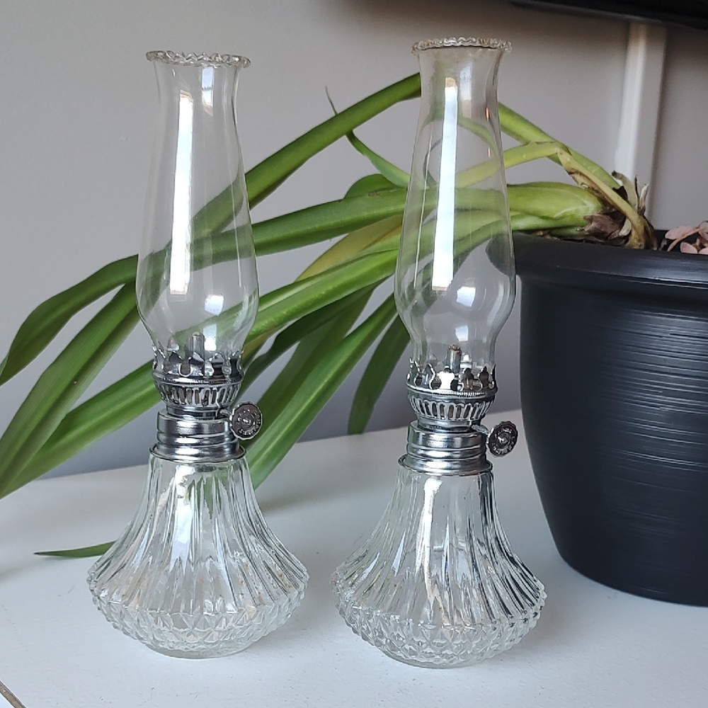 Bundle Of 2 Vintage Lamplight Farms Petite Bordeaux Clear Glass Twin Oil Lamps